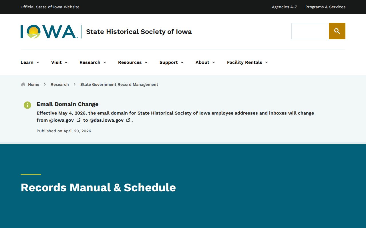 Iowa State Archives records management schedule page