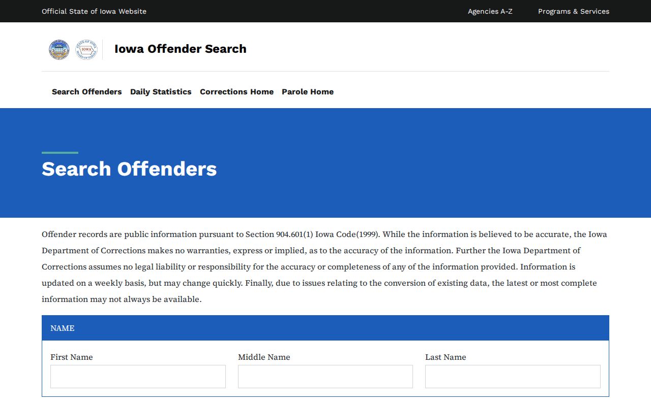 Iowa Department of Corrections offender search fields