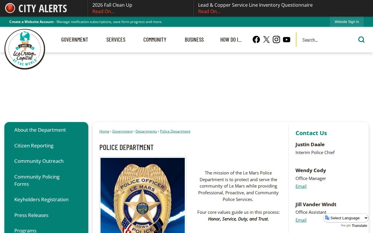 Official Le Mars Police Department page showing the city law enforcement contact